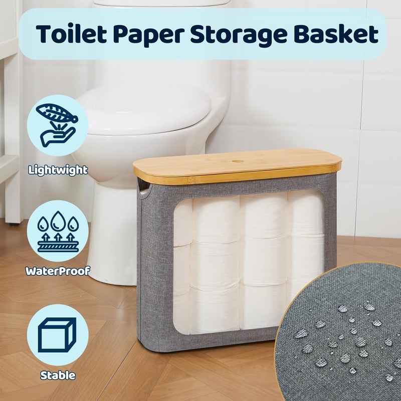 ROSOS Toilet Paper Basket, Toilet Paper Storage with Lid for 12 Rolls, Bathroom Storage Organizer with Bamboo Lid, Grey - Image 4